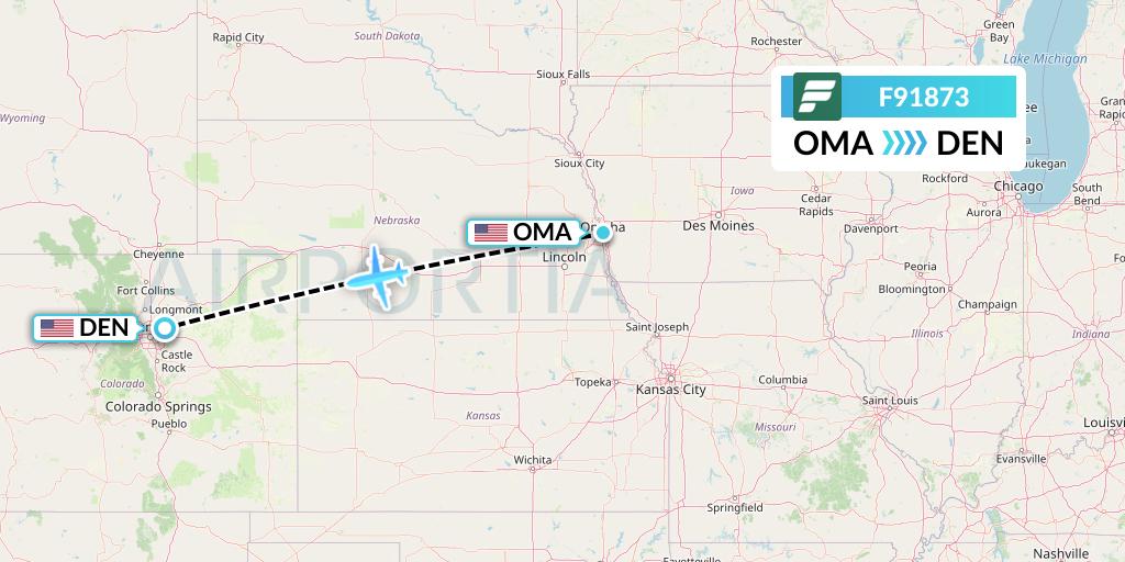 F91873 Frontier Airlines Flight Map: Omaha to Denver
