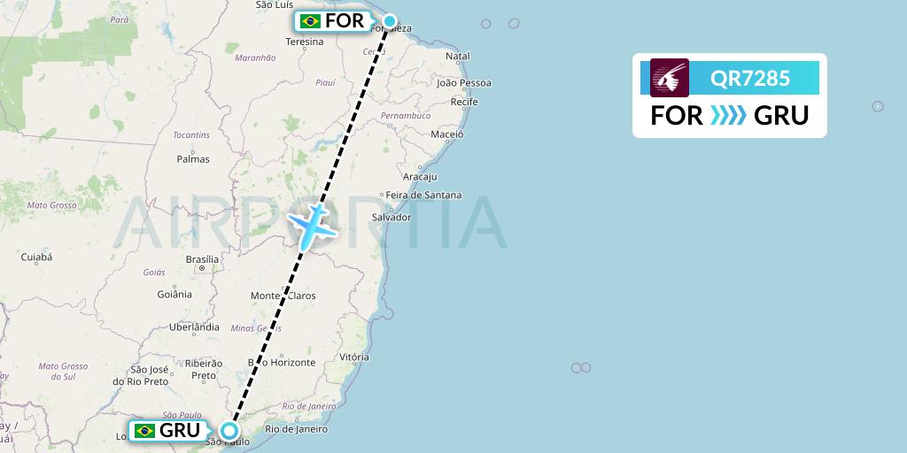 QR7285 Qatar Airways Flight Map: Fortaleza to Sao Paulo