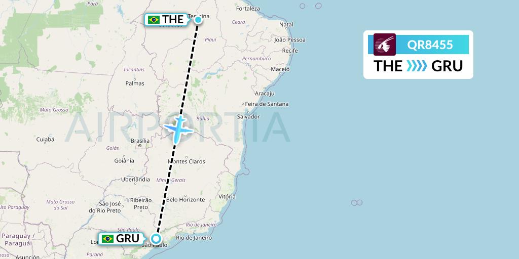 QR8455 Qatar Airways Flight Map: Teresina to Sao Paulo