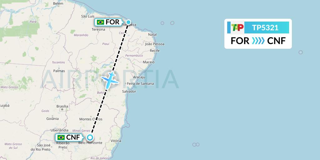 TP5321 TAP Portugal Flight Map: Fortaleza to Belo Horizonte