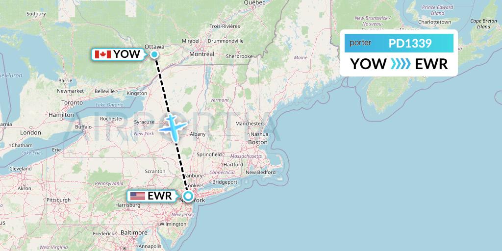 PD1339 Porter Airlines Flight Map: Ottawa to New York