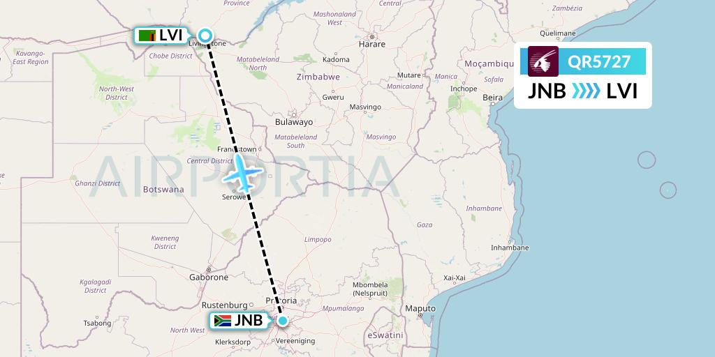 QR5727 Qatar Airways Flight Map: Johannesburg to Livingstone