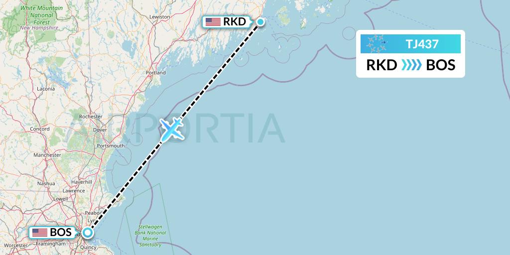 TJ437 Tradewind Aviation Flight Map: Rockland to Boston