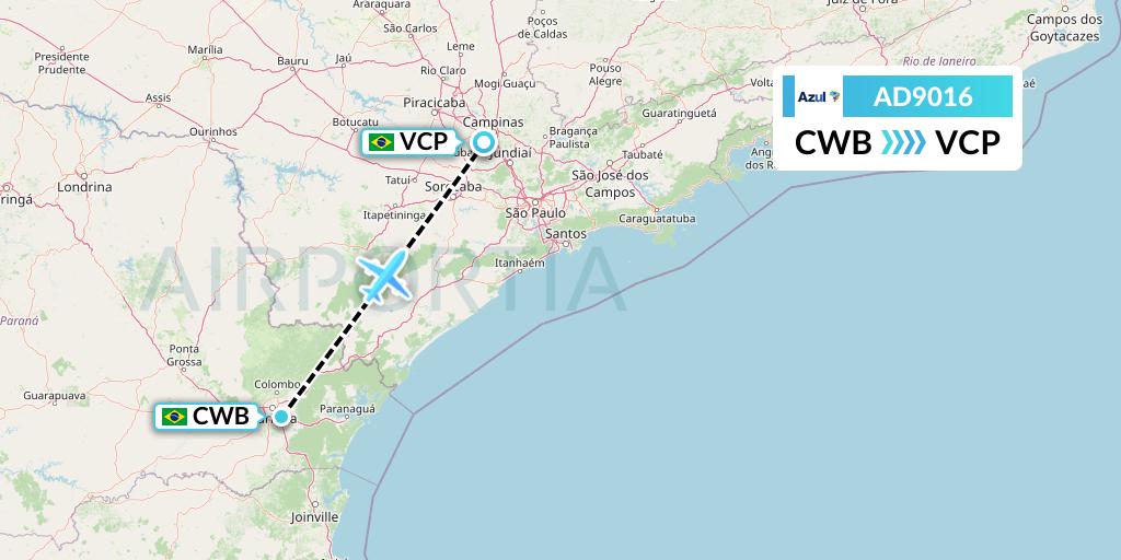 AD9016 Azul Brazilian Airlines Flight Map: Curitiba to Campinas