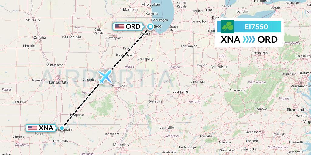 EI7550 Aer Lingus Flight Map: Bentonville to Chicago