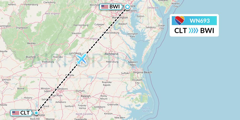 WN693 Southwest Airlines Flight Map: Charlotte to Baltimore
