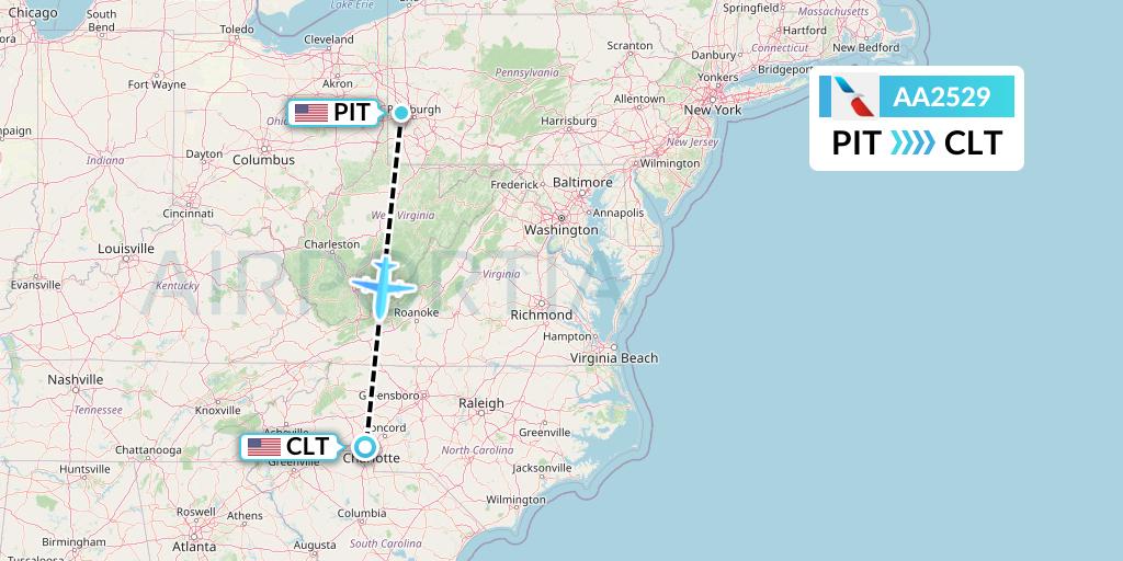 AA2529 American Airlines Flight Map: Pittsburgh to Charlotte