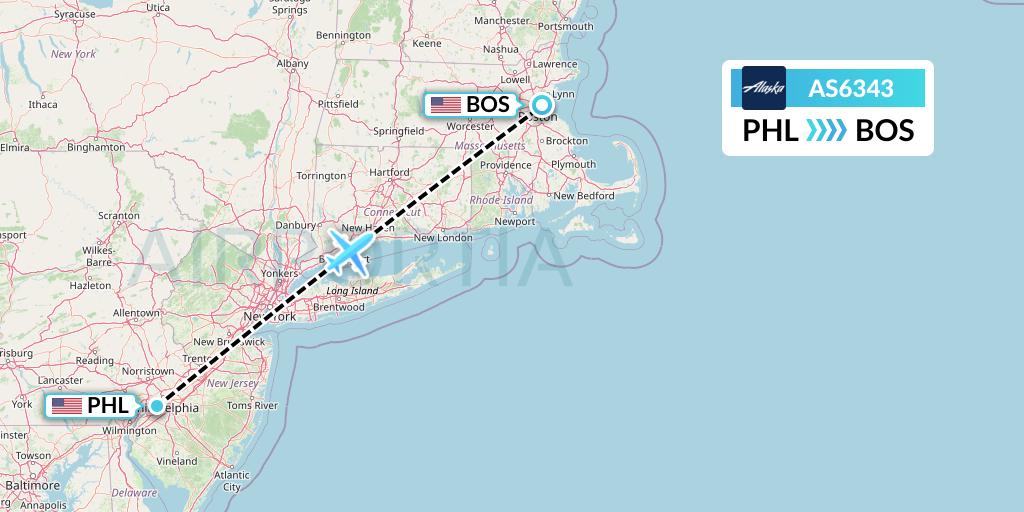 AS6343 Alaska Airlines Flight Map: Philadelphia to Boston