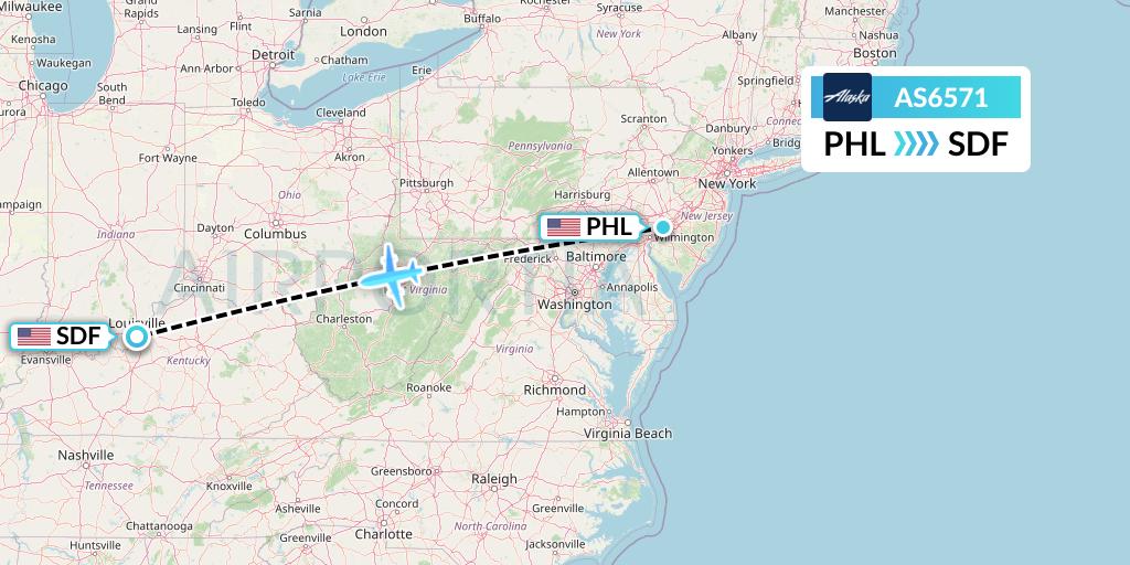 AS6571 Alaska Airlines Flight Map: Philadelphia to Louisville