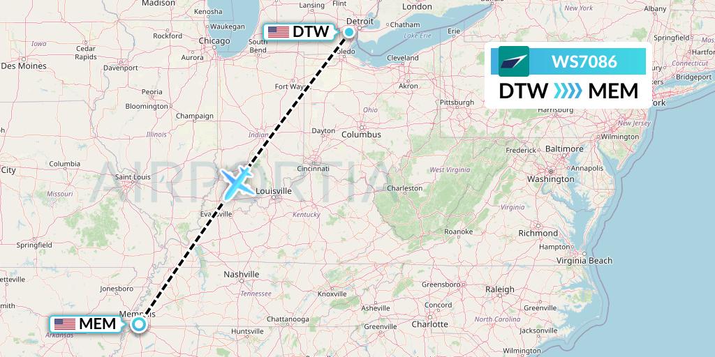 WS7086 WestJet Flight Map: Detroit to Memphis