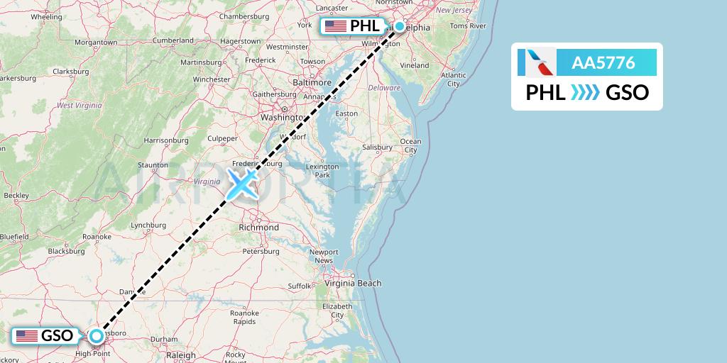 AA5776 American Airlines Flight Map: Philadelphia to Greensboro