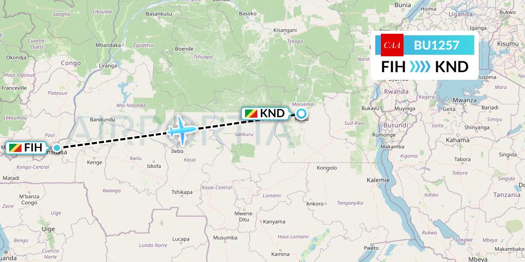 BU1257 flyCAA Flight Map: Kinshasa to Kindu