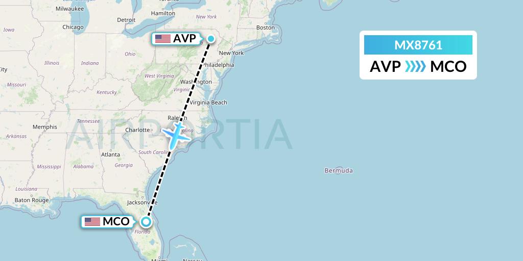 MX8761 Breeze Airways Flight Map: Avoca to Orlando