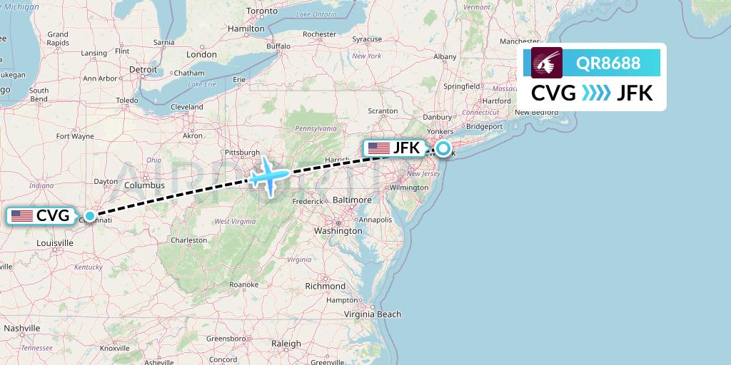 QR8688 Qatar Airways Flight Map: Cincinnati to New York
