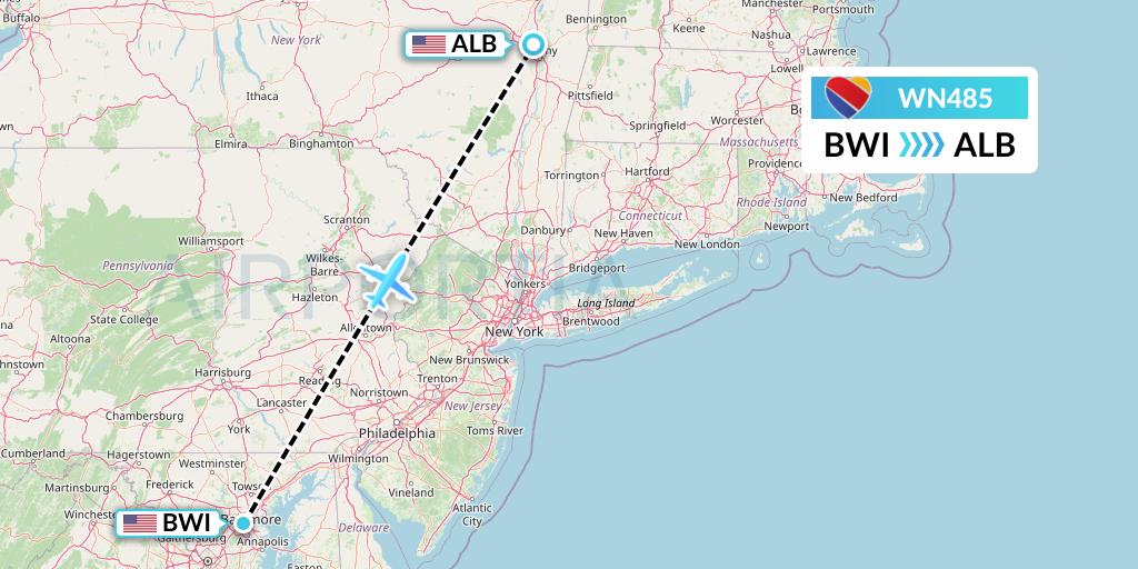 WN485 Southwest Airlines Flight Map: Baltimore to Albany