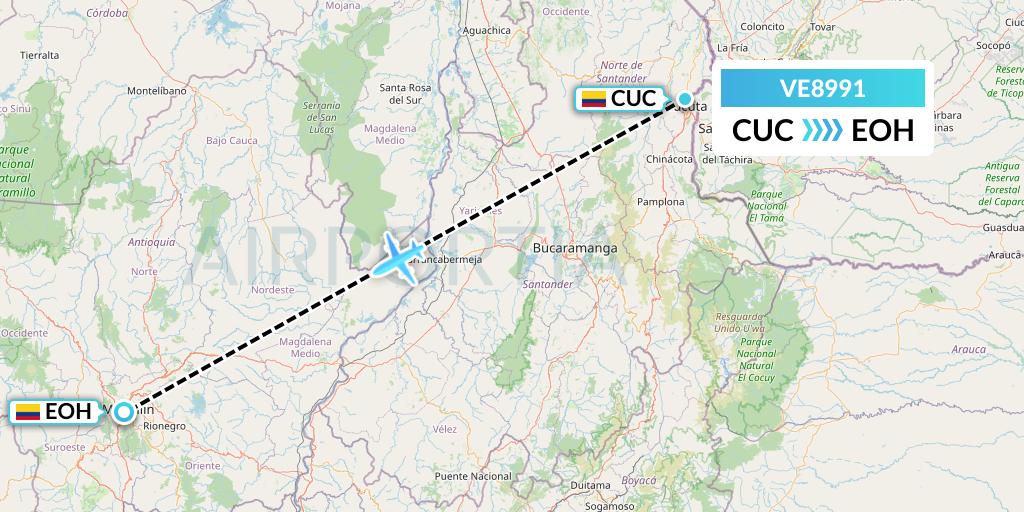 VE8991 Easyfly Flight Map: Cucuta to Medellin