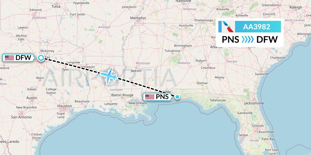 AA3982 American Airlines Flight Map: Pensacola to Dallas
