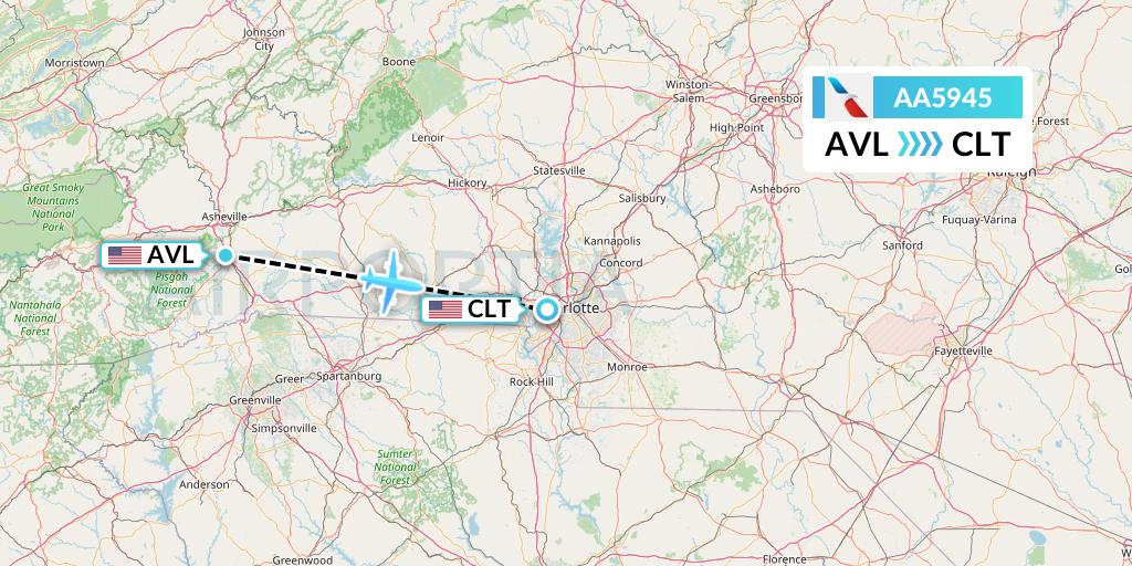 AA5945 American Airlines Flight Map: Asheville to Charlotte