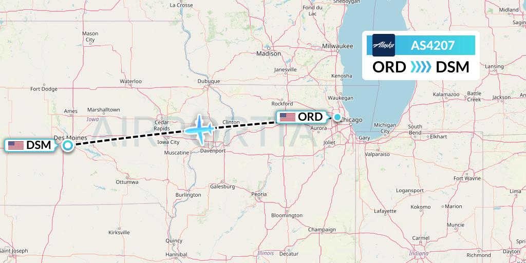 AS4207 Alaska Airlines Flight Map: Chicago to Des Moines