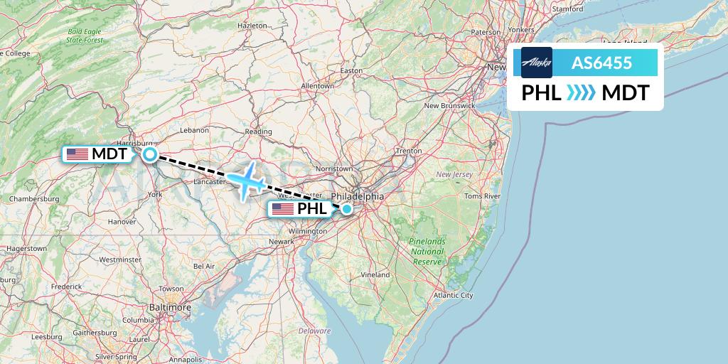 AS6455 Alaska Airlines Flight Map: Philadelphia to Harrisburg