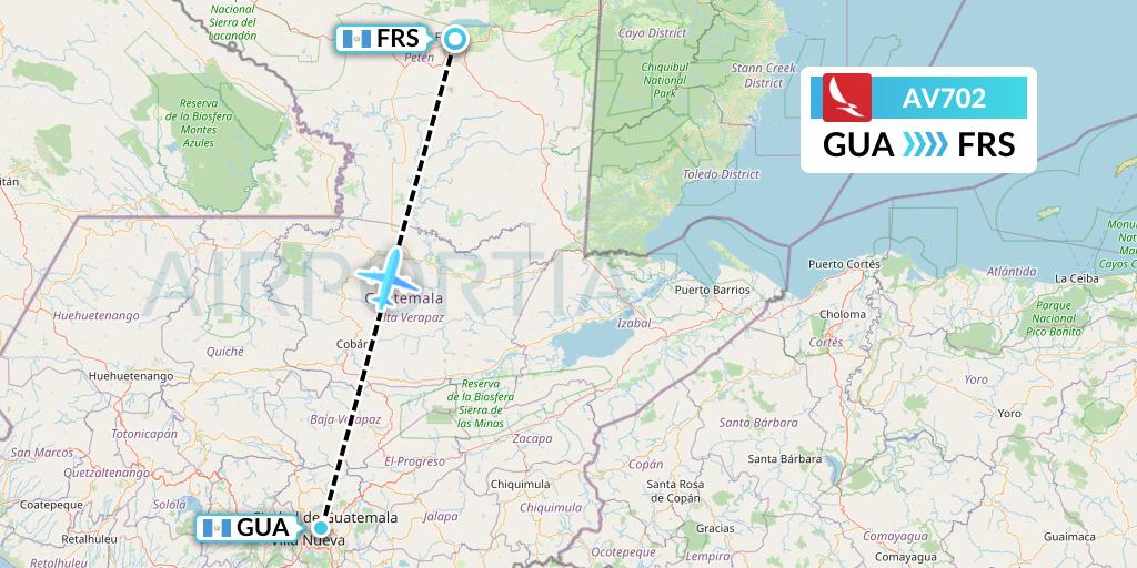 AV702 Avianca Flight Map: Guatemala City to Flores