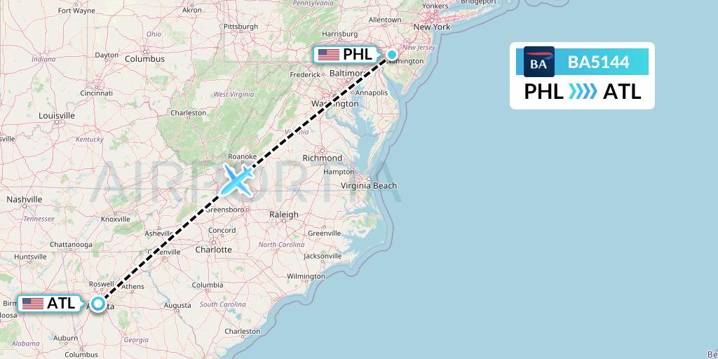 BA5144 British Airways Flight Map: Philadelphia to Atlanta