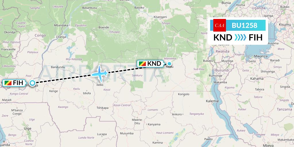 BU1258 flyCAA Flight Map: Kindu to Kinshasa
