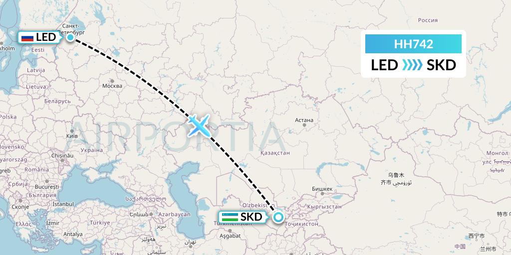 HH742 Qanot Sharq Flight Map: St. Petersburg to Samarkand