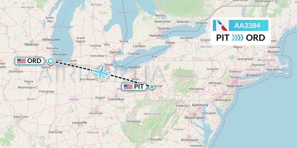 AA3384 American Airlines Flight Map: Pittsburgh to Chicago