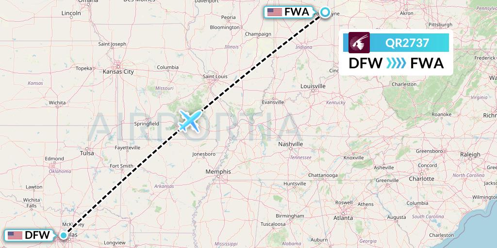 QR2737 Qatar Airways Flight Map: Dallas to Fort Wayne