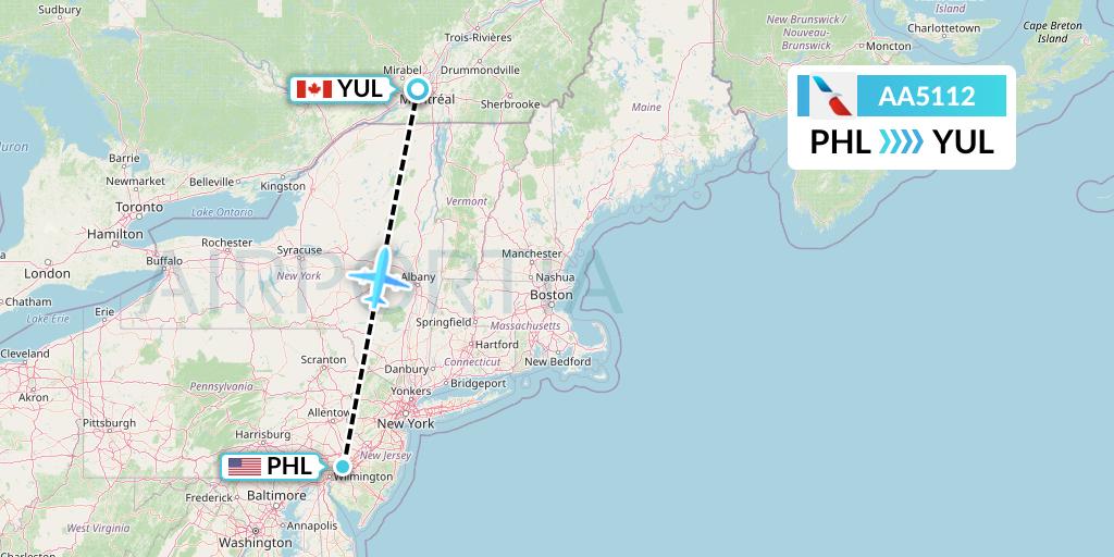 AA5112 American Airlines Flight Map: Philadelphia to Montreal