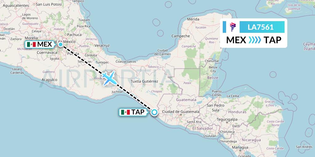 LA7561 LAN Airlines Flight Map: Mexico City to Tapachula
