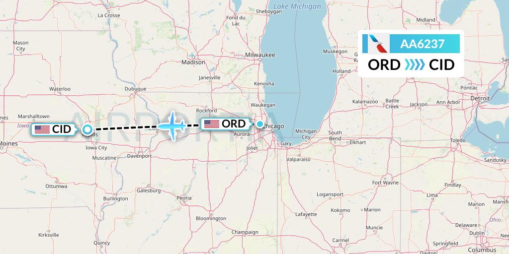 AA6237 American Airlines Flight Map: Chicago to Cedar Rapids
