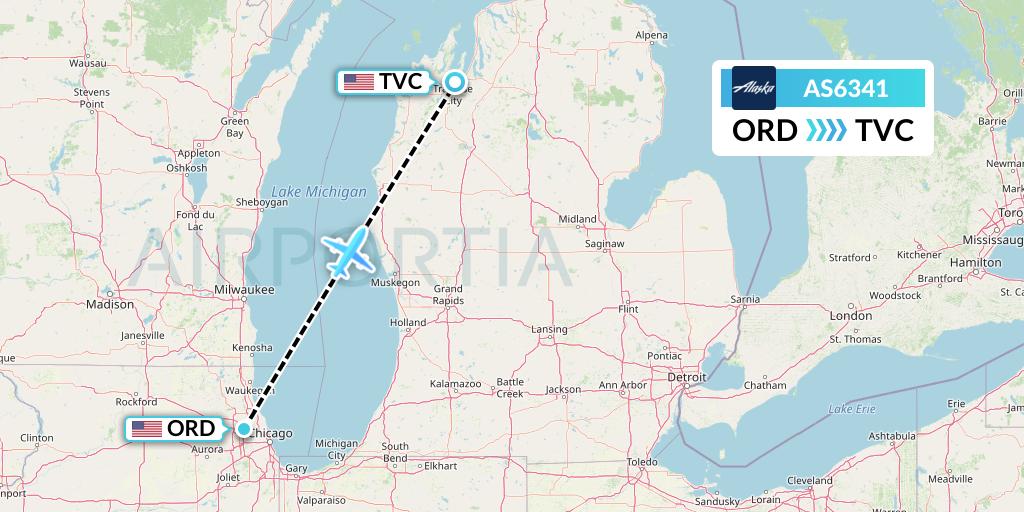 AS6341 Alaska Airlines Flight Map: Chicago to Traverse City