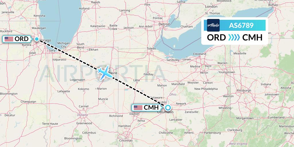 AS6789 Alaska Airlines Flight Map: Chicago to Columbus