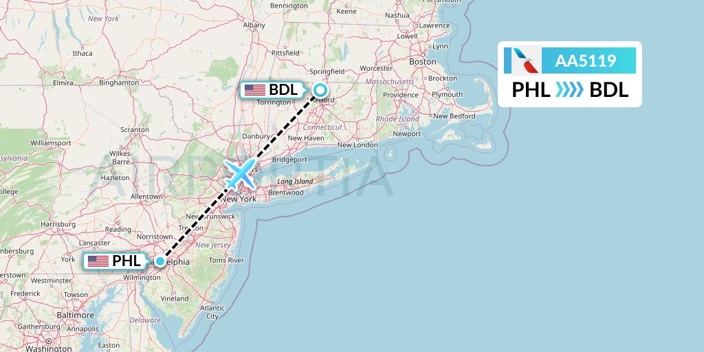 AA5119 American Airlines Flight Map: Philadelphia to Windsor Locks