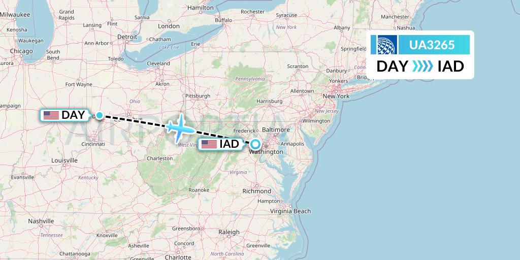 UA3265 United Airlines Flight Map: Dayton to Washington