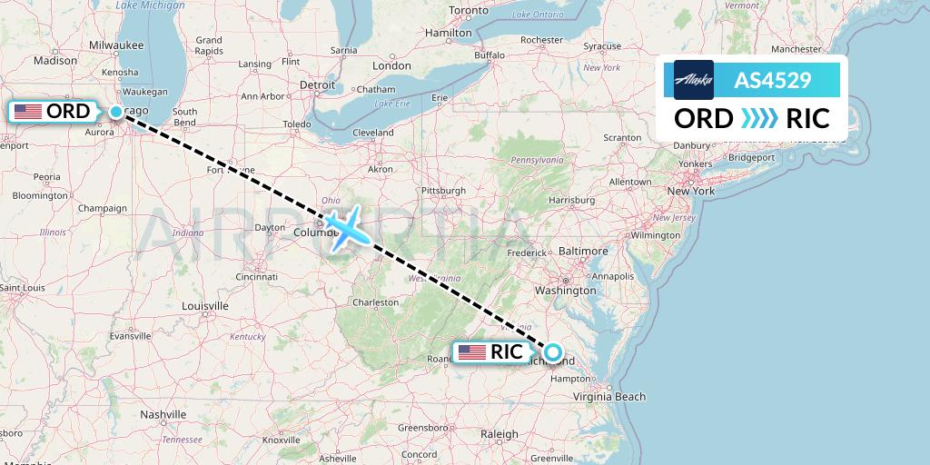 AS4529 Alaska Airlines Flight Map: Chicago to Richmond