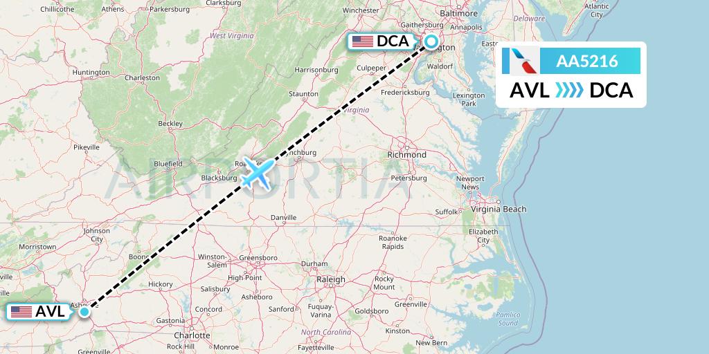AA5216 American Airlines Flight Map: Asheville to Washington