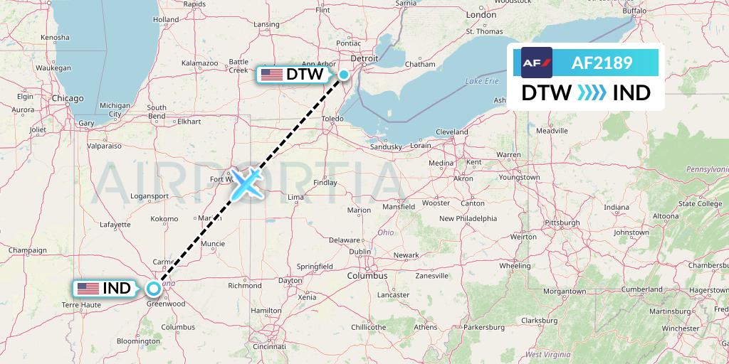 AF2189 Air France Flight Map: Detroit to Indianapolis
