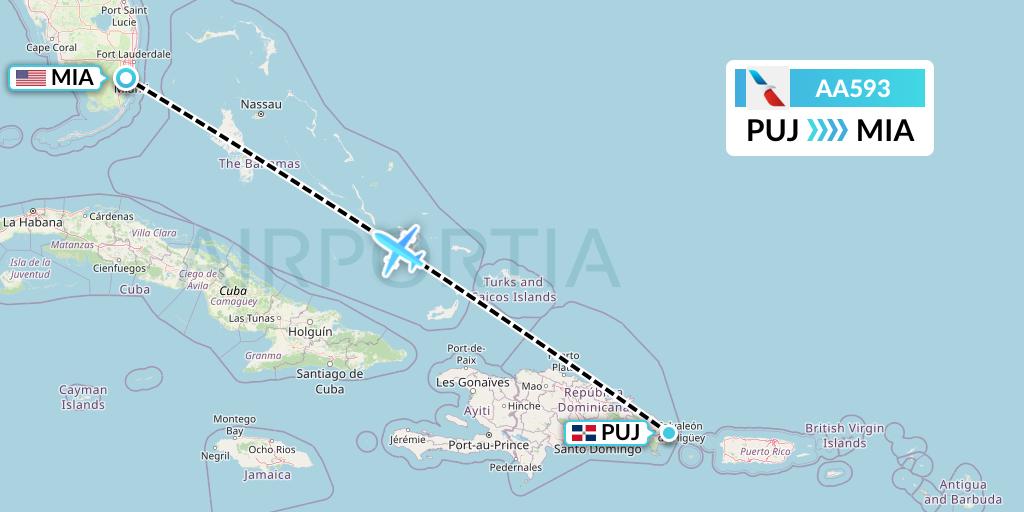 AA593 American Airlines Flight Map: Punta Cana to Miami