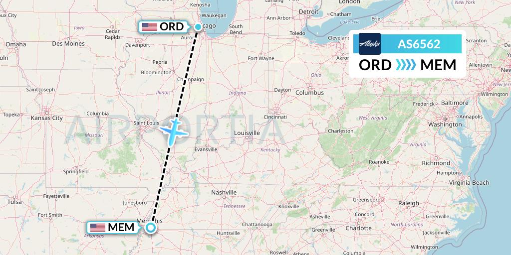 AS6562 Alaska Airlines Flight Map: Chicago to Memphis