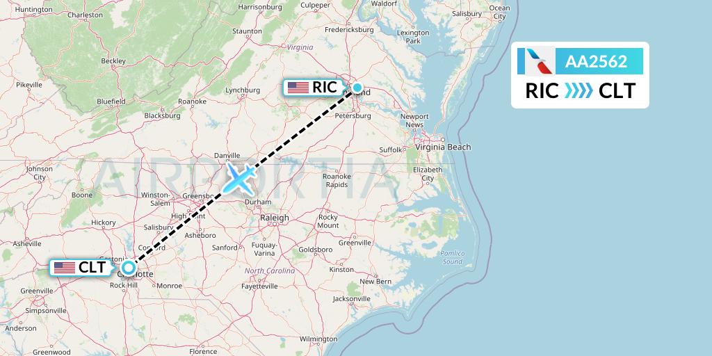 AA2562 American Airlines Flight Map: Richmond to Charlotte