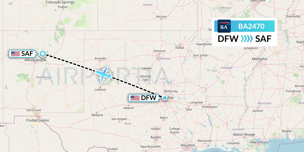 BA2470 British Airways Flight Map: Dallas to Santa Fe