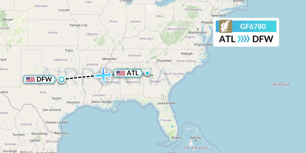 GF6780 Gulf Air Flight Map: Atlanta to Dallas