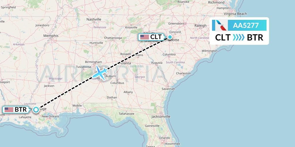 AA5277 American Airlines Flight Map: Charlotte to Baton Rouge