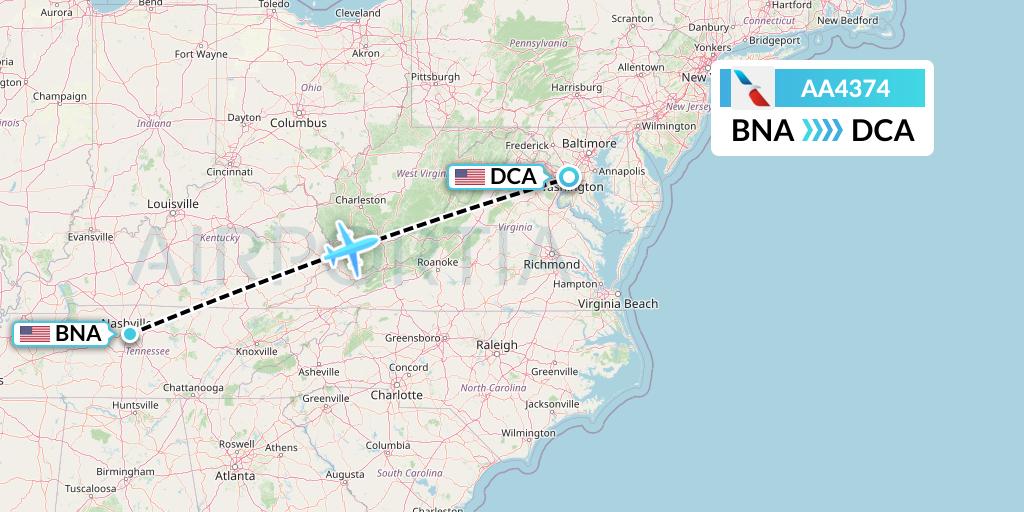 AA4374 American Airlines Flight Map: Nashville to Washington