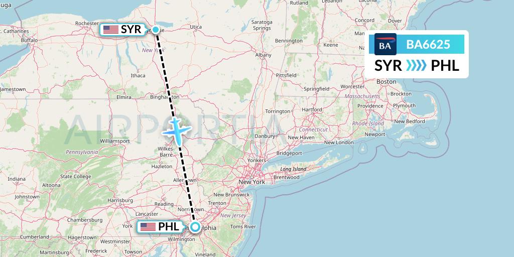 BA6625 British Airways Flight Map: Syracuse to Philadelphia