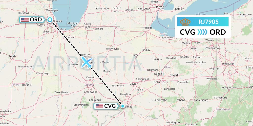 RJ7905 Royal Jordanian Flight Map: Cincinnati to Chicago