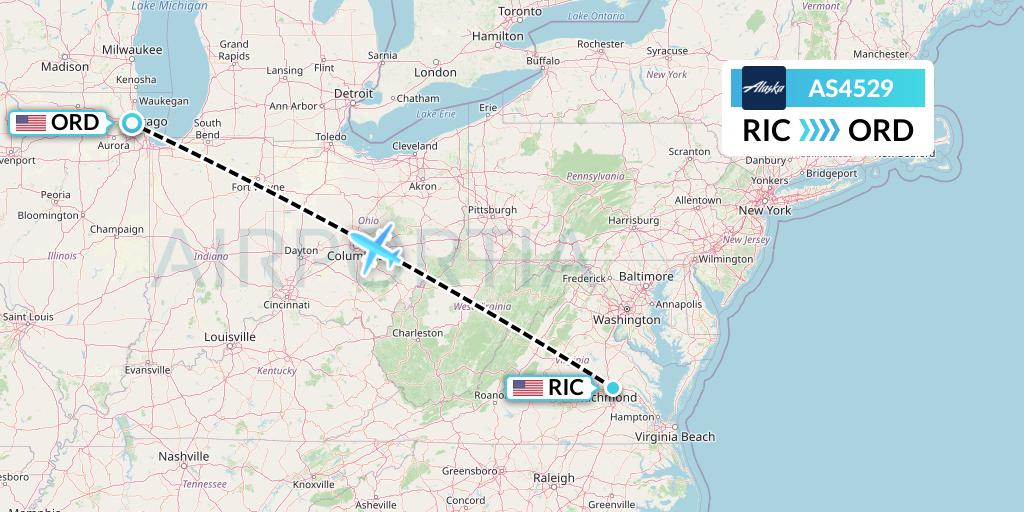 AS4529 Alaska Airlines Flight Map: Richmond to Chicago